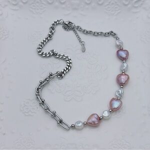 26X73 Handmade Freshwater Heart Shape Baroque Pearl Stainless Steel Necklace
